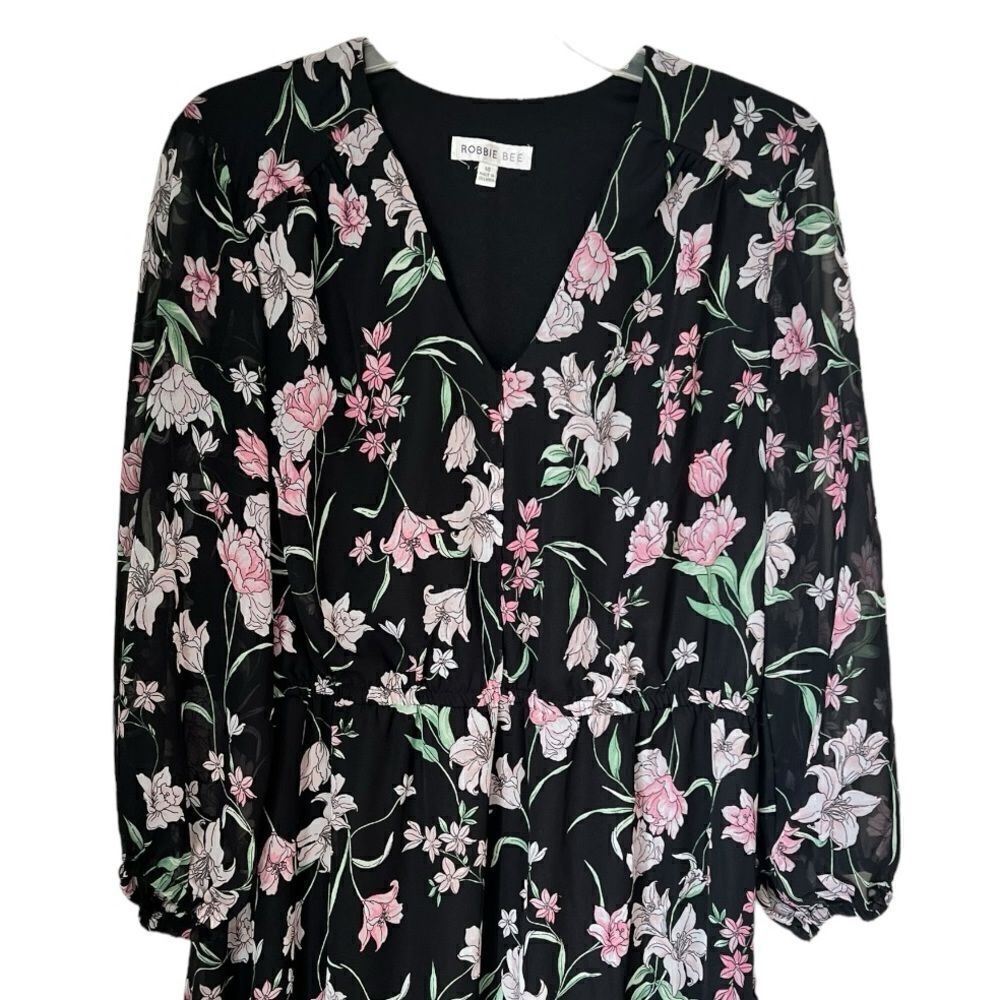 Robbie Bee Women’s Floral Long Sleeve Midi V-Neck Dress Sz 16 - Picture 4 of 8